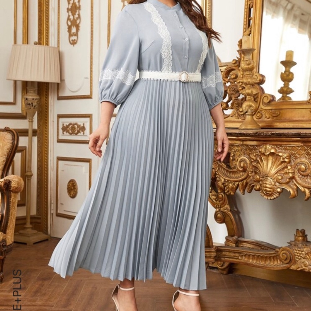 SHEIN Plus Contrast Lace Pleated Hem Shirt Dress Without Belt Color: Size: O Xl